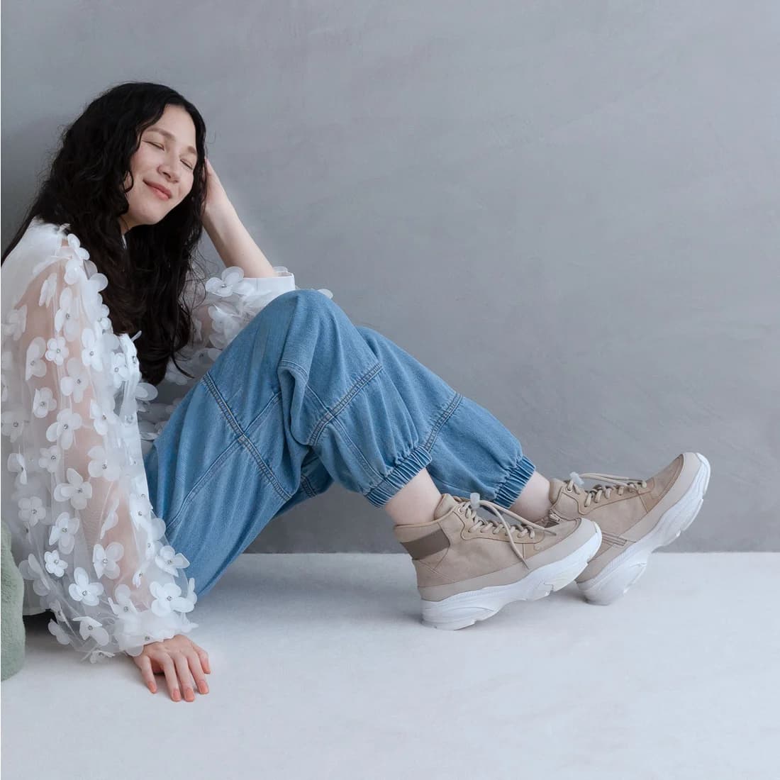 撥水レースアップサイドジップスニーカーブーツ(ベージュスエード)