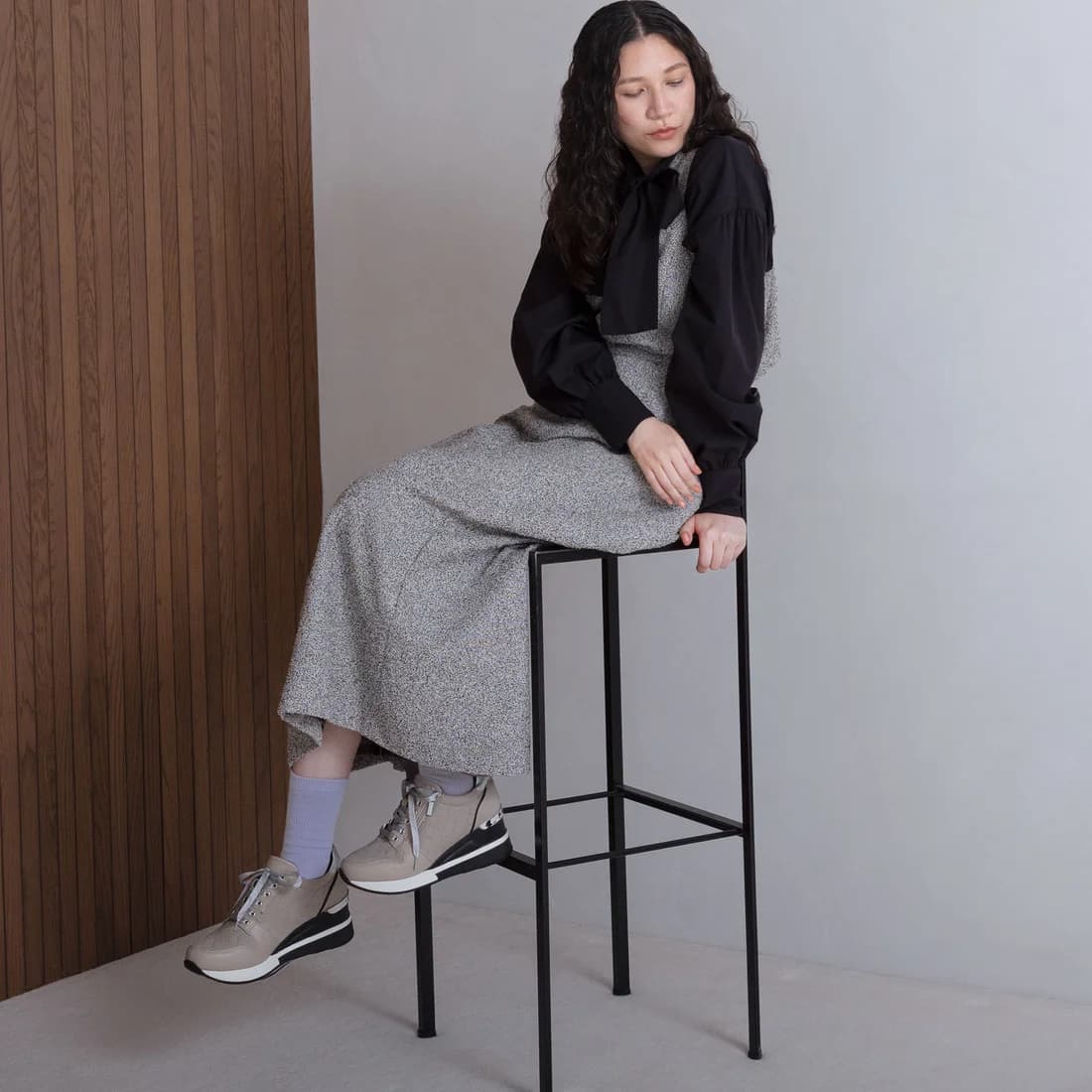 キルティングレースアップウェッジスニーカー(ベージュ)