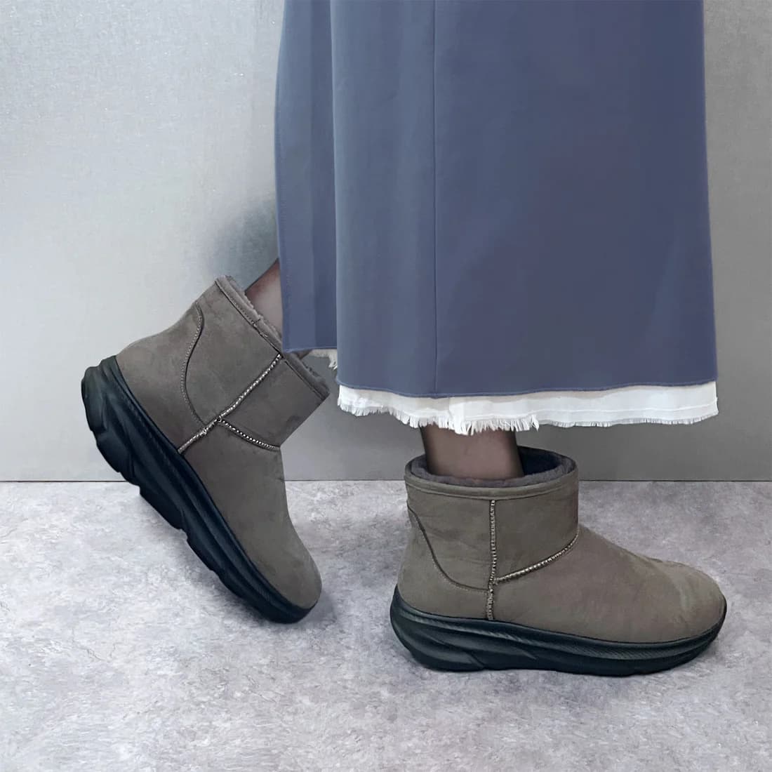 撥水エコファースリッポンブーツ(グレージュスエード)