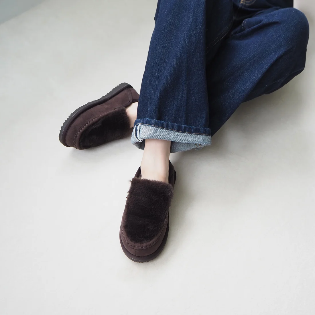 《prima》エコファーモックバブーシュ(ダークブラウンスエード)