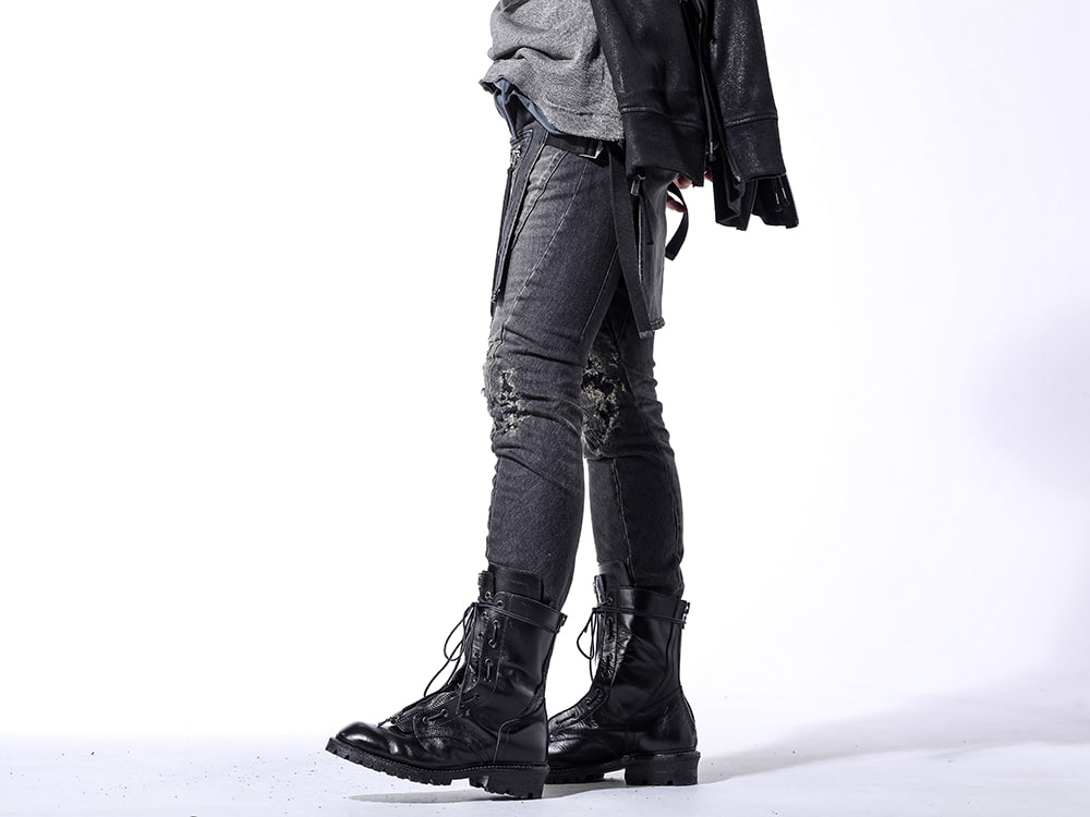 D.HYGEN JULIUS 24SS(Spring Summer) - Denim that can play the leading role - ST107-0424S Bum Flap Distressed Denim Drop Crotch Slim Pants 859FWM1-Black Cow Skin Long Fireman Boots 3-002