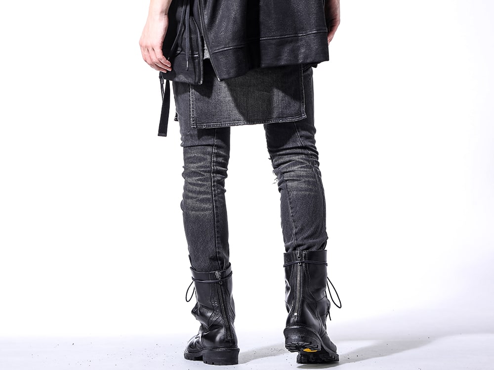 D.HYGEN JULIUS 24SS(Spring Summer) - Denim that can play the leading role - ST107-0424S Bum Flap Distressed Denim Drop Crotch Slim Pants 859FWM1-Black Cow Skin Long Fireman Boots 3-003