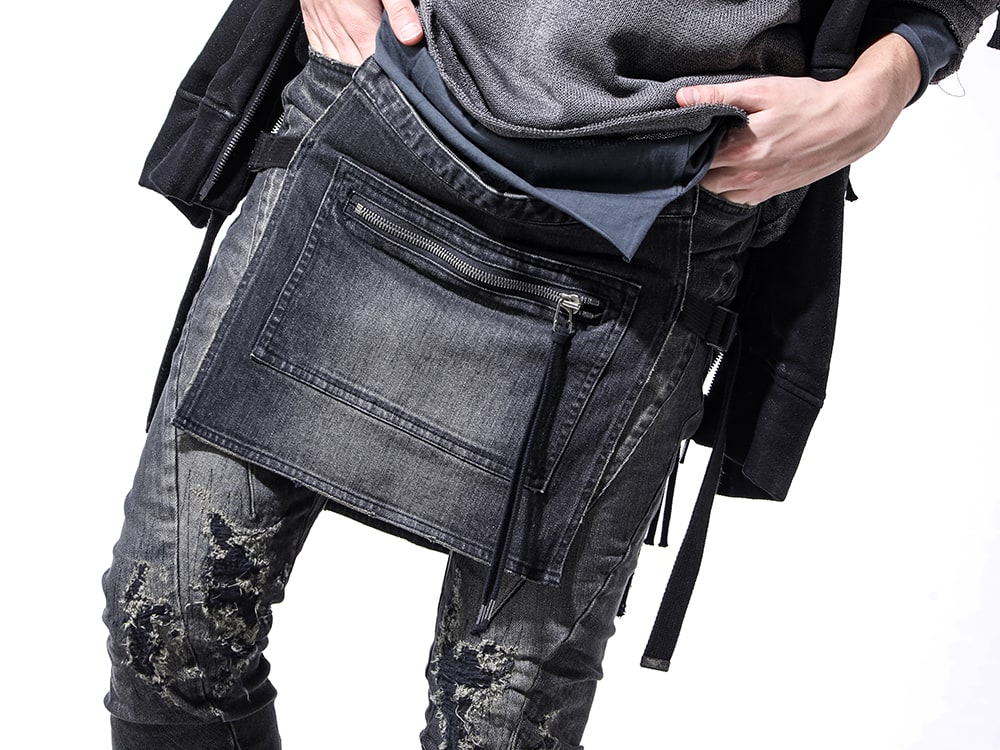 D.HYGEN JULIUS 24SS(Spring Summer) - Denim that can play the leading role - ST107-0424S Bum Flap Distressed Denim Drop Crotch Slim Pants 859FWM1-Black Cow Skin Long Fireman Boots 3-004