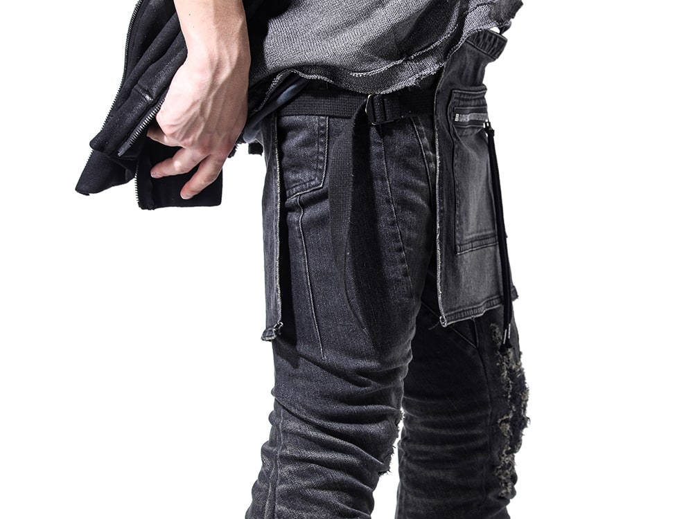 D.HYGEN JULIUS 24SS(Spring Summer) - Denim that can play the leading role - ST107-0424S Bum Flap Distressed Denim Drop Crotch Slim Pants 859FWM1-Black Cow Skin Long Fireman Boots 3-005