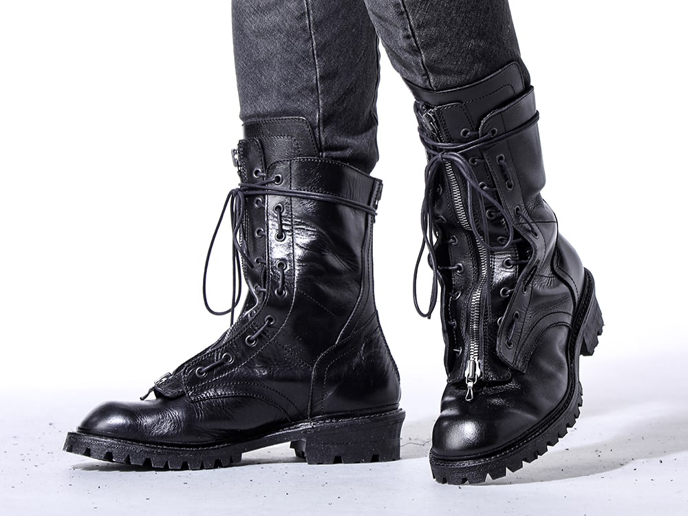 D.HYGEN JULIUS 24SS(Spring Summer) - Denim that can play the leading role - ST107-0424S Bum Flap Distressed Denim Drop Crotch Slim Pants 859FWM1-Black Cow Skin Long Fireman Boots 3-007