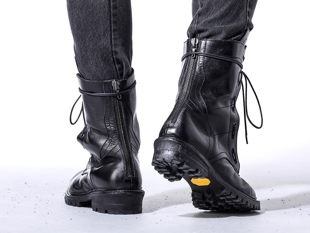 D.HYGEN JULIUS 24SS(Spring Summer) - Denim that can play the leading role - ST107-0424S Bum Flap Distressed Denim Drop Crotch Slim Pants 859FWM1-Black Cow Skin Long Fireman Boots 3-008