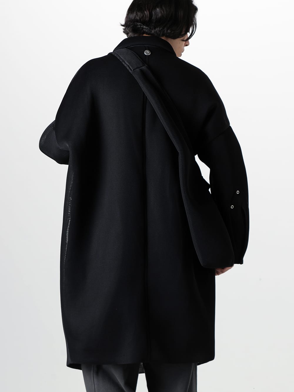 Omar Afridi 24SS  - Single-Breasted Coat with Mesh Material - SS24-CT-101-01 - Pleo Balmacaan Coat Filter Mesh- SS24-BAG-101-03 - Body Shoulder Bag Filter Mesh 2-002