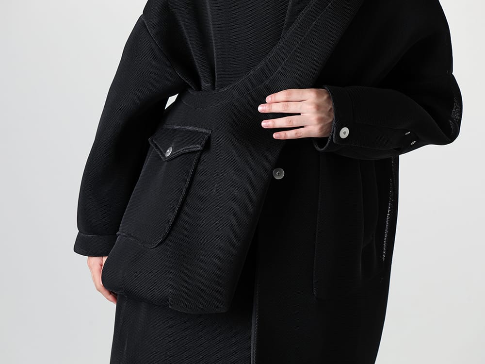 Omar Afridi 24SS  - Single-Breasted Coat with Mesh Material - SS24-CT-101-01 - Pleo Balmacaan Coat Filter Mesh- SS24-BAG-101-03 - Body Shoulder Bag Filter Mesh 2-005