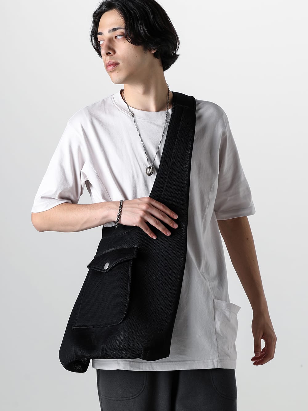 Omar Afridi 24SS  - Single-Breasted Coat with Mesh Material - RW-634-Earth Gray - Side Pocket-T Earth Gray - SS24-BAG-101-03 - Body Shoulder Bag Filter Mesh 2-008