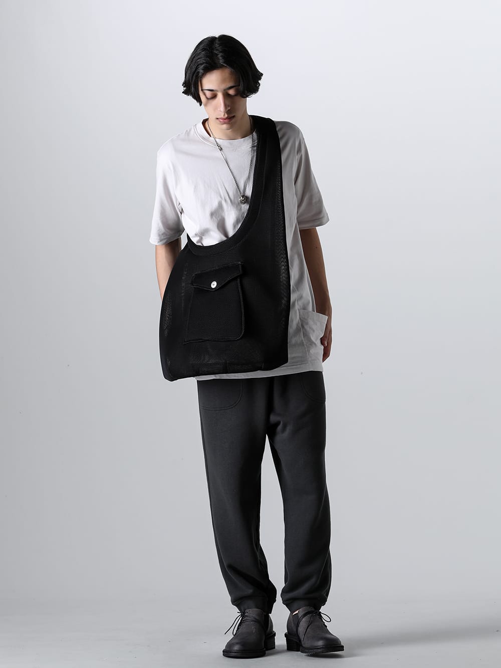 Omar Afridi 24SS - RW-634-Earth Gray - Side Pocket-T Earth Gray - SS24-BAG-101-03 - Body Shoulder Bag Filter Mesh - O17SWP1-BLACK - SWEATPANTS Loopwheel Sweat BLACK BLACK - VI-3757-09-D-Gray - Diagonal Lace-up Derby Shoes D.Gray 4-001