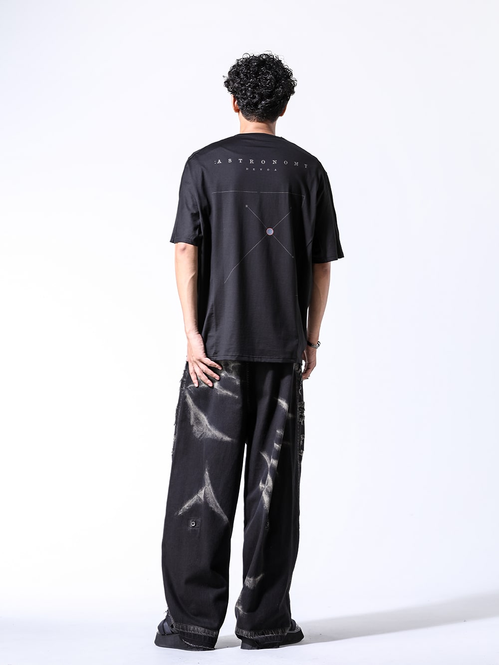 Devore / Julius / Riggers 2024-25AW Styling - Summer styling expressing the world of JULIUS - CSC-ASPB black(Short sleeve astronomy print B BLACK) RG00UW14 a.black × dark grey(Round Flame Sunglasses A.Black × Dark Grey) 077ACU3 black(fangophilia × JULIUS Wrist Cover Bangle Black) 077ACU2 black(fangophilia × JULIUS Full Finger Ring Black) 867PAM8-D black(10oz Denim Bleach Wide Pants Black) 867FWM1-L black(Coated Goat Suede Velcro Sandal Black) - 1-004