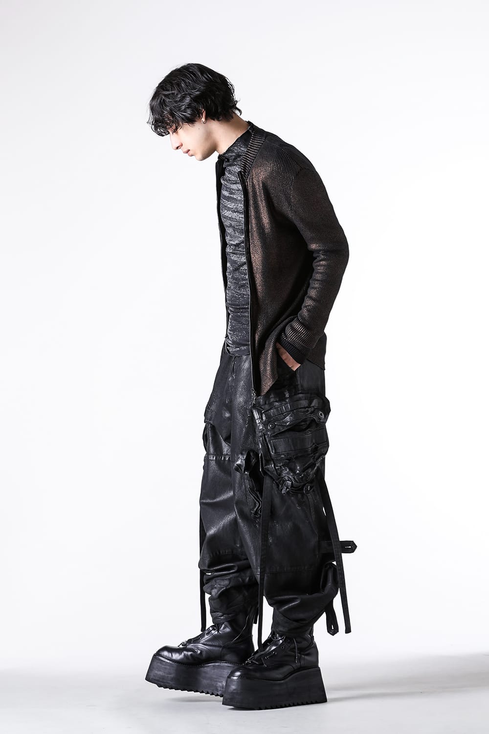 ユリウス 2025-26AW スタイリング - コーティング×クラッシュ加工のバギーガスマスクパンツ - 917PAM1-C black(Coated 12oz Denim Pants Black) - 24-002