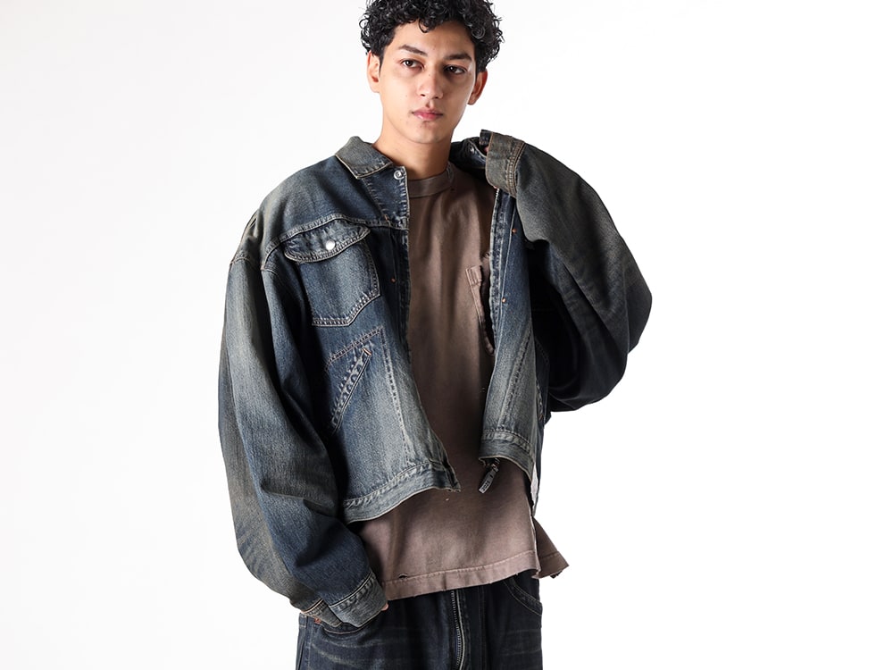 Maison MIHARA YASUHIRO 2025SS - Maison MIHARA YASUHIRO 2Way Denim Jacket: Versatile Styling - A14BL021 indigo(BOTH FRONTS DENIM JACKET INDIGO) A13TS602 brown(Sun Faded Tee Brown) - 2-008