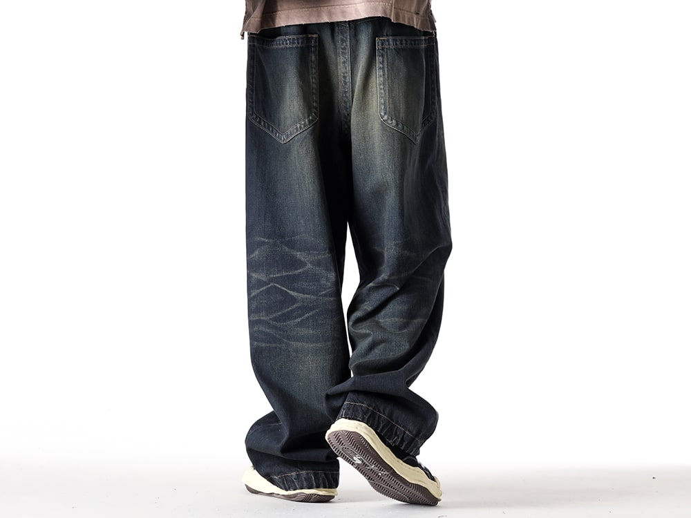 Maison MIHARA YASUHIRO 2025SS - Wide Denim Pants with Rich Texture and Vintage Sole Sneakers - A14PT023 indigo(AMATEUR SEWN WIDE JEANS INDIGO) A09FW732 black(BLAKEY Original Sole Canvas Low Cut Sneaker Vintage like Sole Black) - 3-003