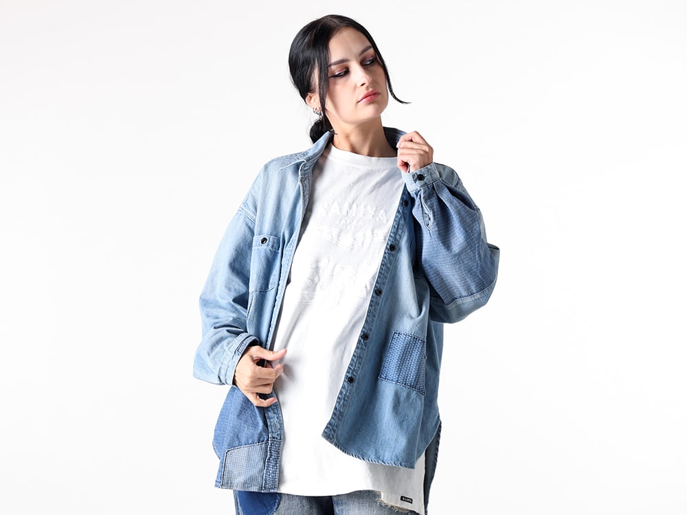 FDMTL / KAMIYA 2025SS - Vivid Hues and Washed Finish Denim Shirt - FA25/SH11WU(WOMENS FIT DENIM SHIRT 3YR WASH) G13TS076 White(HORSE Breached H/S Tee White) - 2-004