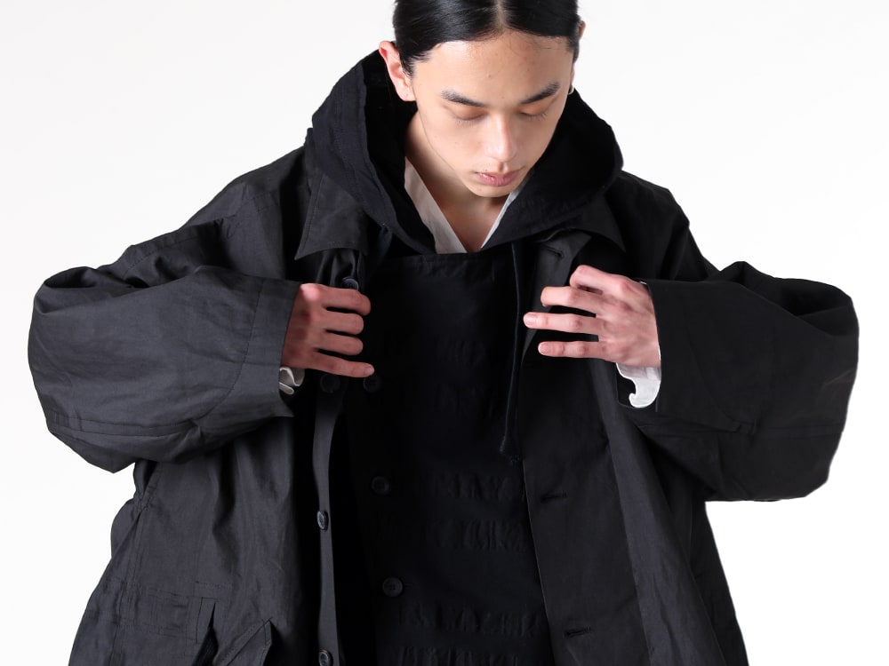 JAN-JAN VAN ESSCHE 2025SS - Spring Coat with a Lustrous and Flowing Drape - COAT 32(Loose Fit Long Coat Unlined With Detachable Collar) HOODPIECE 1(Hooded Collar Piece) - 2-004
