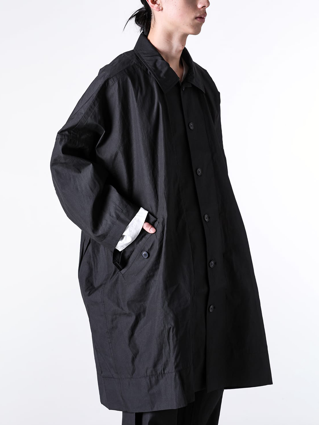 JAN-JANVANESSCHE - 2025SS Tops - Loose Fit Long Coat Unlined With Detachable Collar （Tar Black） - COAT 32-Coated Cloth tar 1-001