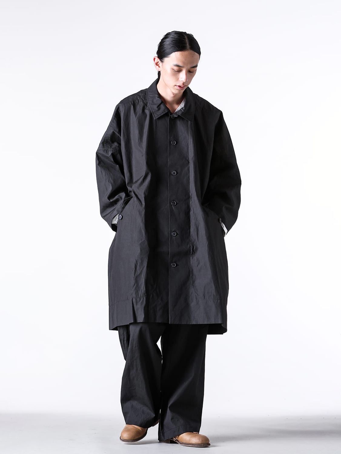 JAN-JANVANESSCHE - 2025SS Tops - Loose Fit Long Coat Unlined With Detachable Collar （Tar Black） - COAT 32-Coated Cloth tar 1-002