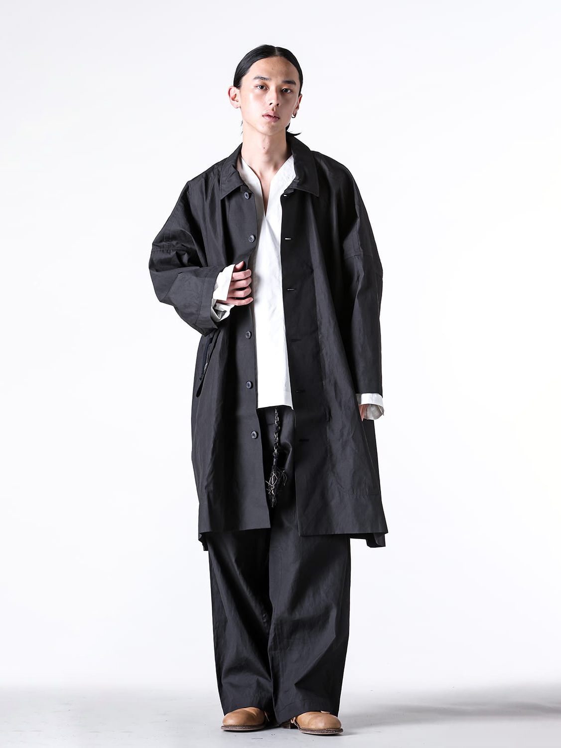 JAN-JANVANESSCHE - 2025SS Tops - Loose Fit Long Coat Unlined With Detachable Collar （Tar Black） - COAT 32-Coated Cloth tar 1-003