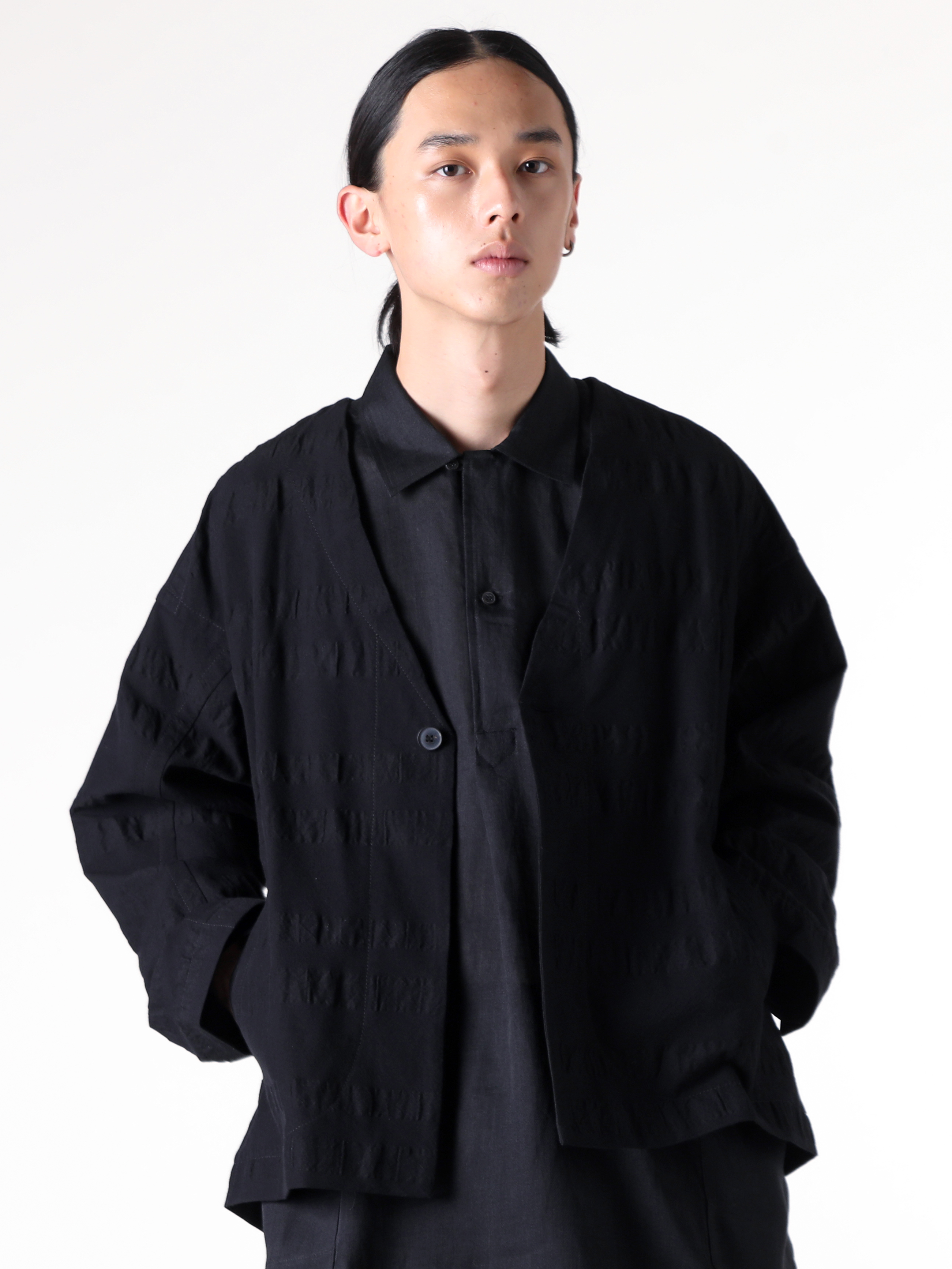 JAN-JANVANESSCHE - 2025SS Tops - Unlined Collarless Blazer （Black） - JACKET 59-Broad Stripe Cloth 1-004