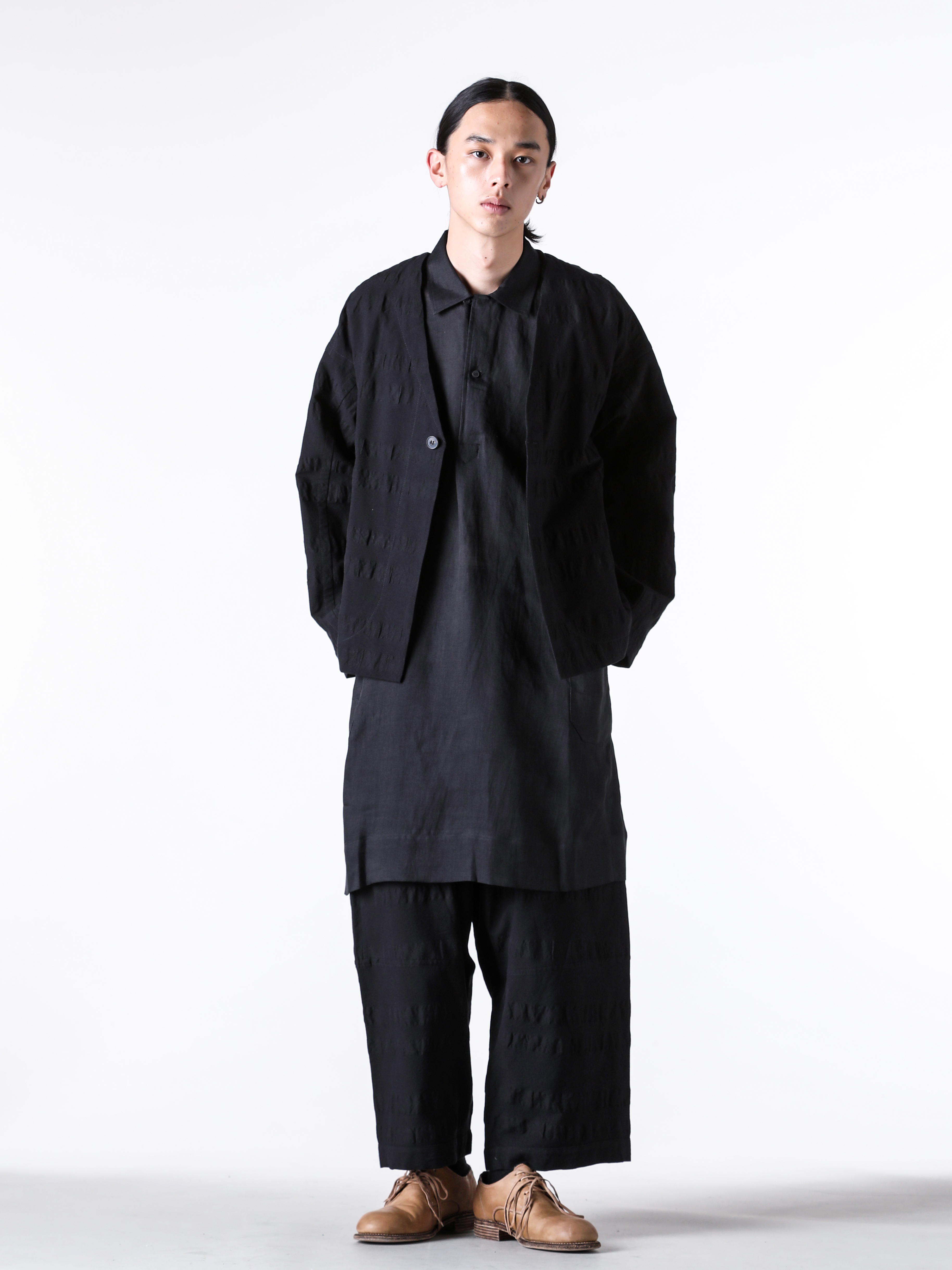 JAN-JANVANESSCHE - 2025SS Tops - Unlined Collarless Blazer （Black） - JACKET 59-Broad Stripe Cloth 1-006