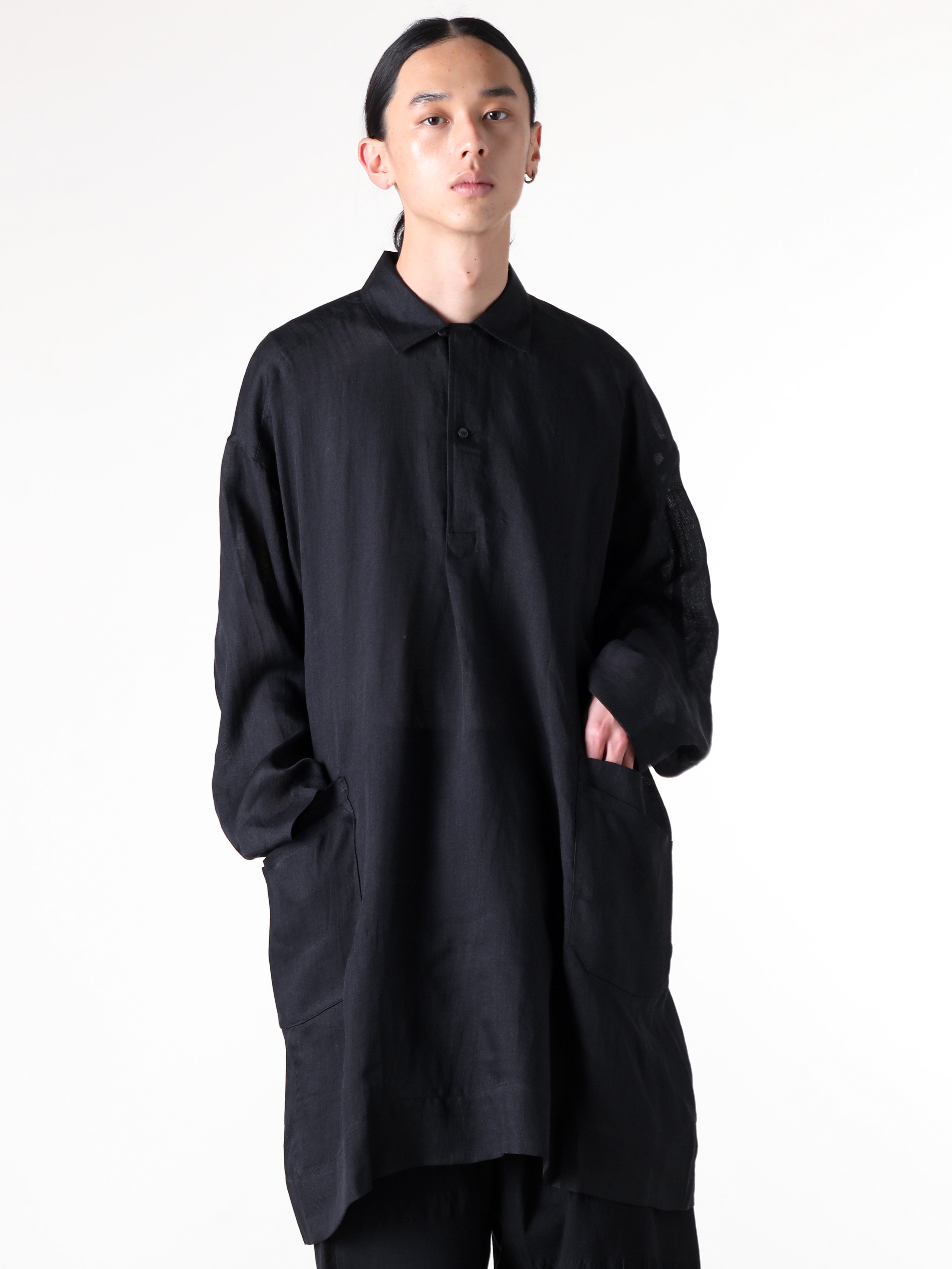 JAN-JANVANESSCHE - 2025SS Tops - Long Tunic With Patched Pockets （Black） - TUNIC 39-Fine Cavalry Twill 1-007