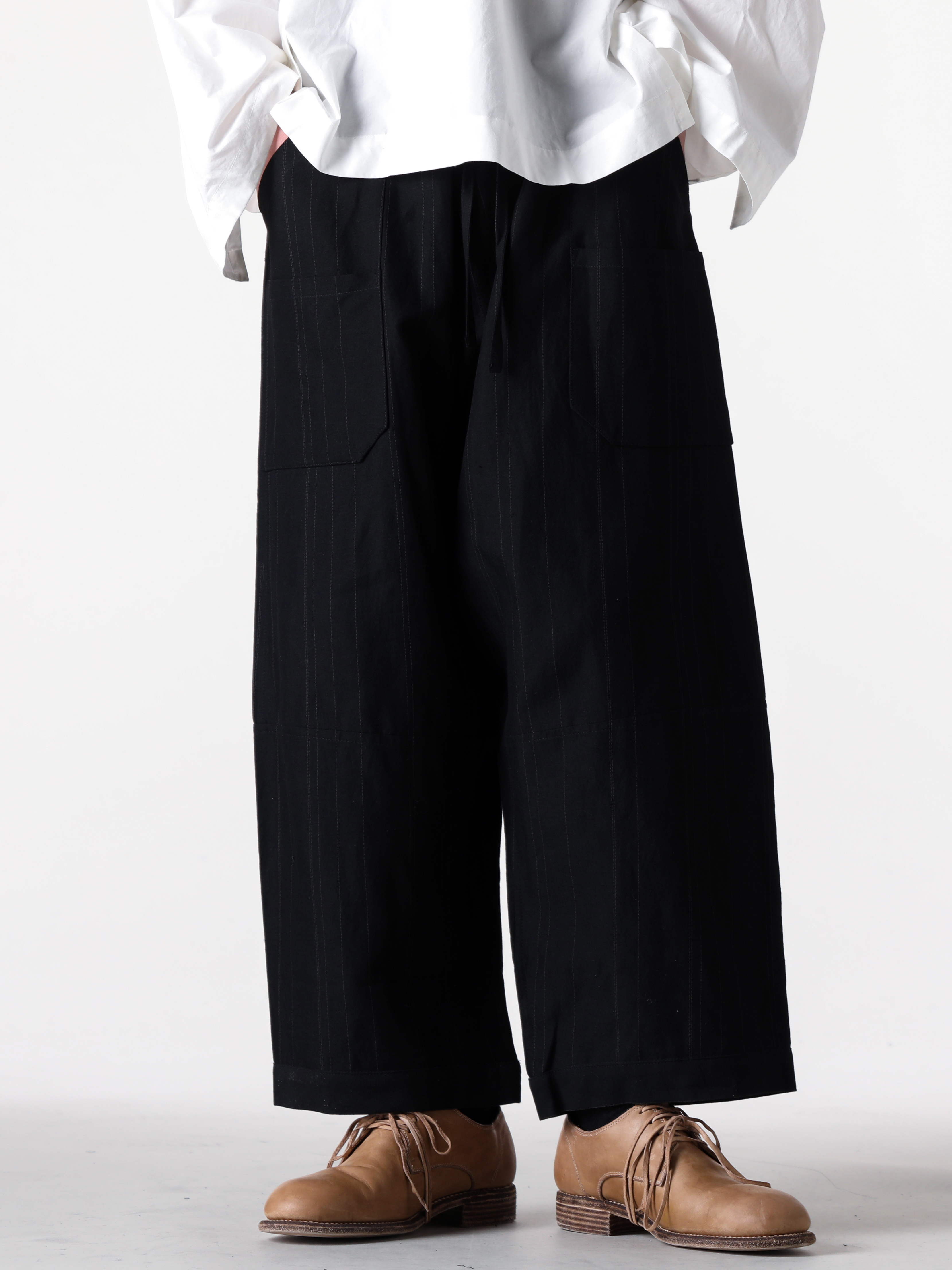 JAN-JANVANESSCHE - 2025SS Pants - Loose Fit Trousers With Elastic Waistband - Fine Stripe Cloth （Black） - TROUSERS 86-Fine Stripe Cloth 2-004