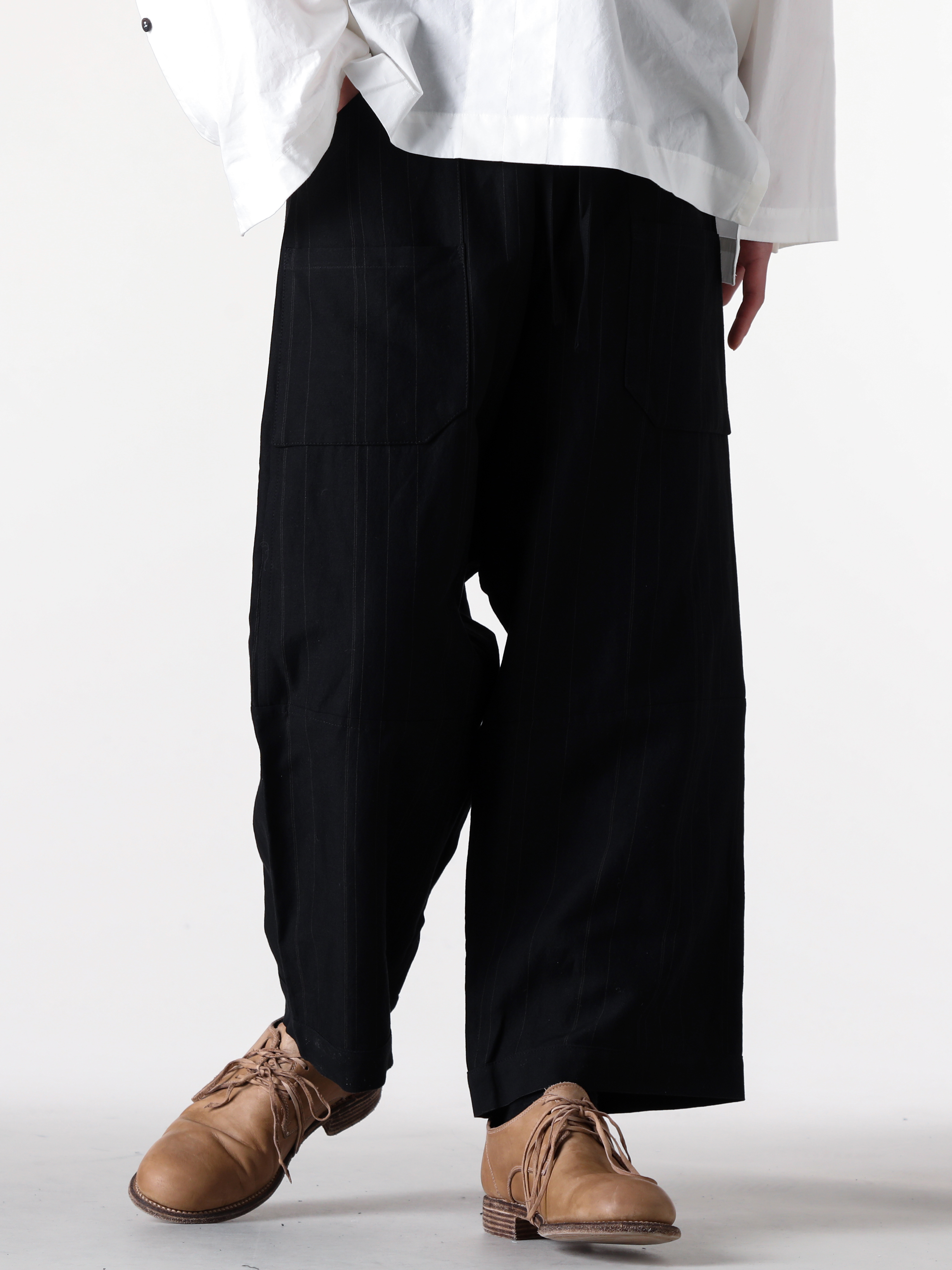 JAN-JANVANESSCHE - 2025SS Pants - Loose Fit Trousers With Elastic Waistband - Fine Stripe Cloth （Black） - TROUSERS 86-Fine Stripe Cloth 2-005