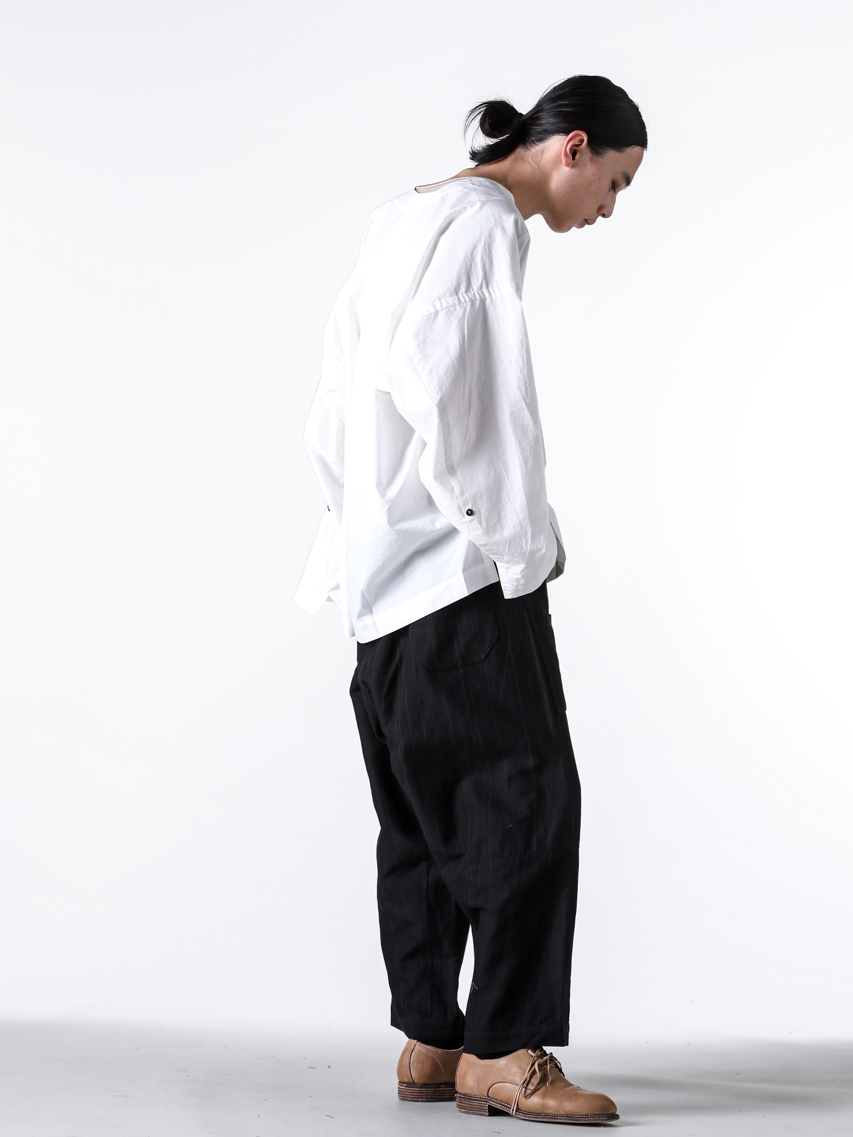 JAN-JANVANESSCHE - 2025SS Pants - Loose Fit Trousers With Elastic Waistband - Fine Stripe Cloth （Black） - TROUSERS 86-Fine Stripe Cloth 2-006