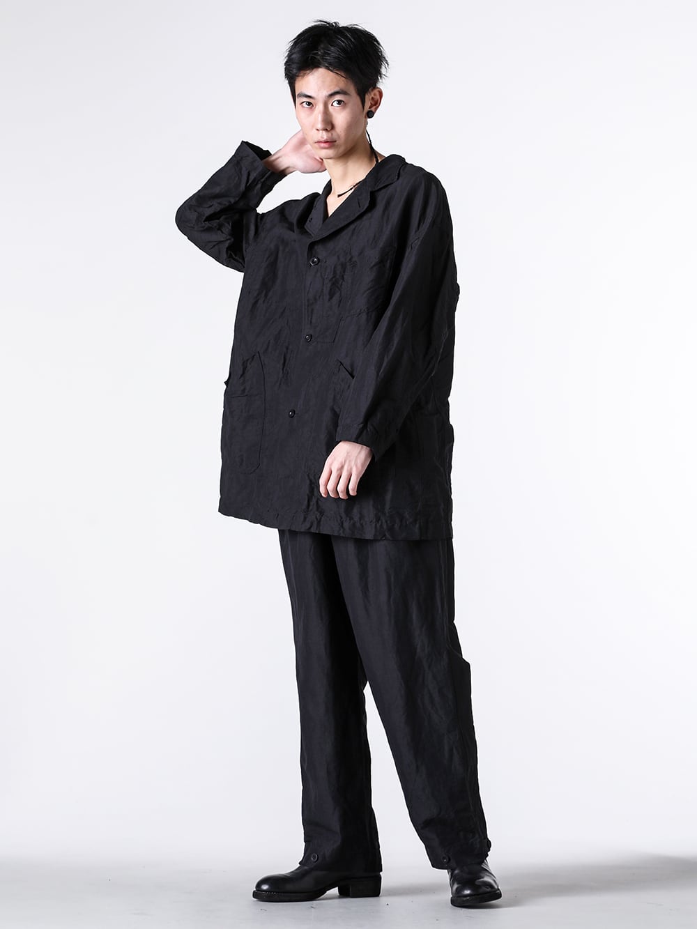 KLASICA - 25SS Styling -  Open-Collar Shirt Artisan Styling Vintage-Inspired Classic Set-Up Styling - 25S-CVA-D32 - Wide Body Cover All - 25S-TRS-D35 - Bias Tuck Strings Trousers - 788ZX - Back Zip Boots Double Sole Wide Model 1-001