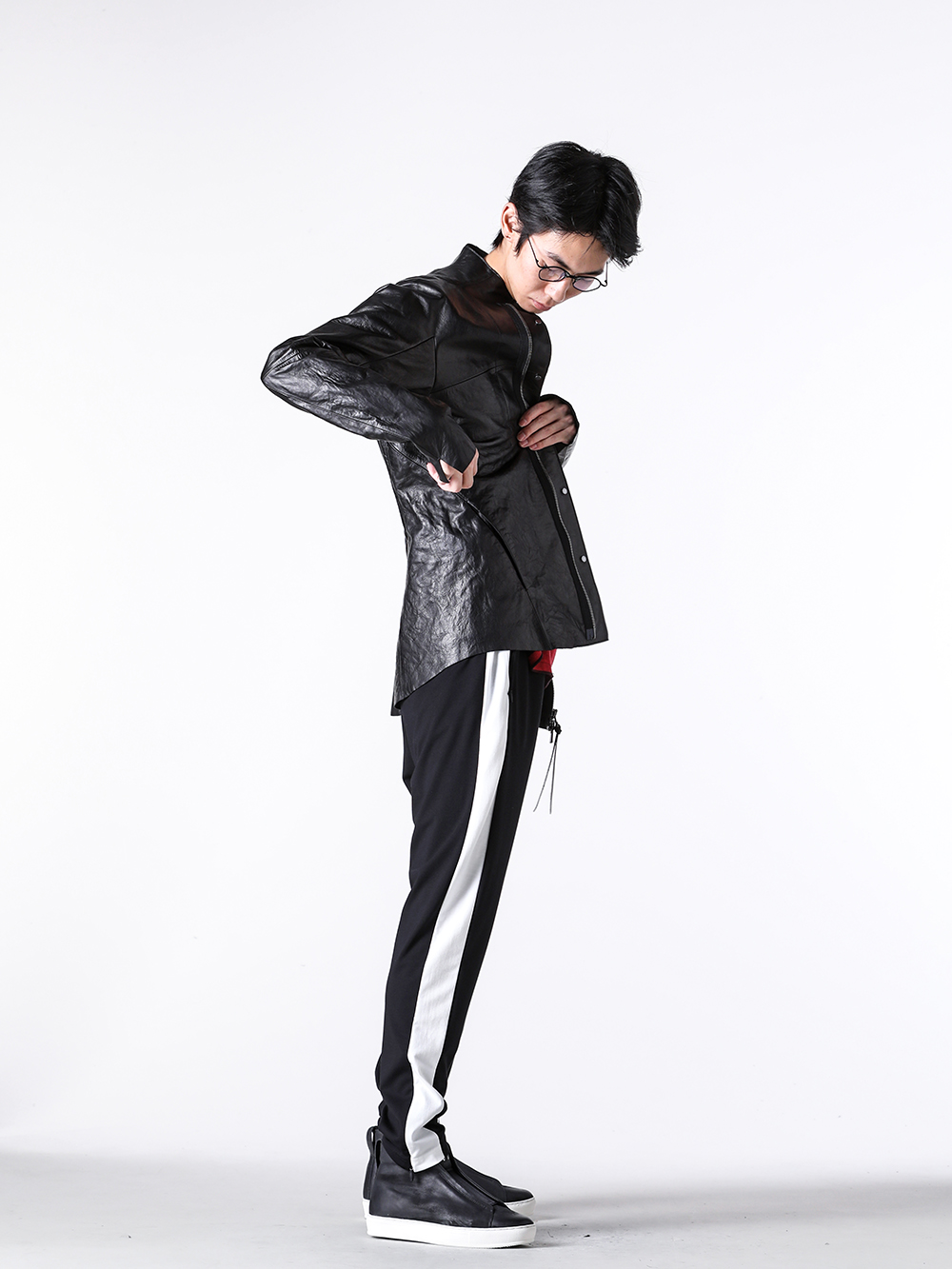 D.HYGEN - 25SS Styling - A New Frontier in Leather Sports Mix - ST105-0225S black Horse Leather Bonding Leather Shirt (BLACK) - RW-722 red Dolman Knit-T (Red) - RW-731 black Track Line Jersey Pants (Black) - RW-718 black Slip On High (Black) - RG1032TI black × clear RG1032TI Square Flame Sunglasses (Black × Clear) - M3491 silver Necklace Sculpture (Silver) 1-004