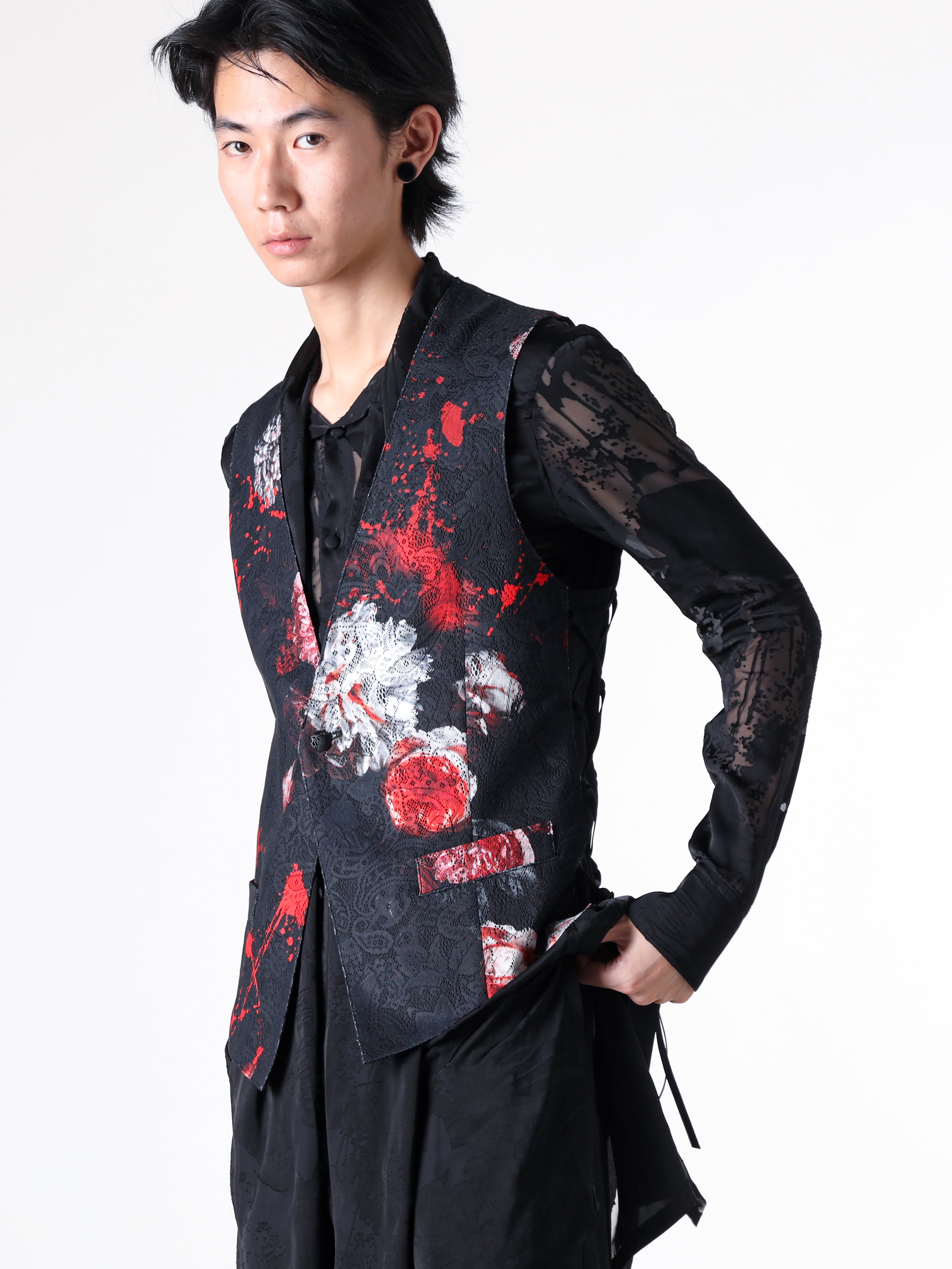 kiryuyrik - 25SS  - Vest - Lace Up Vest （Black-Red） - KT-HV14-901 2-001