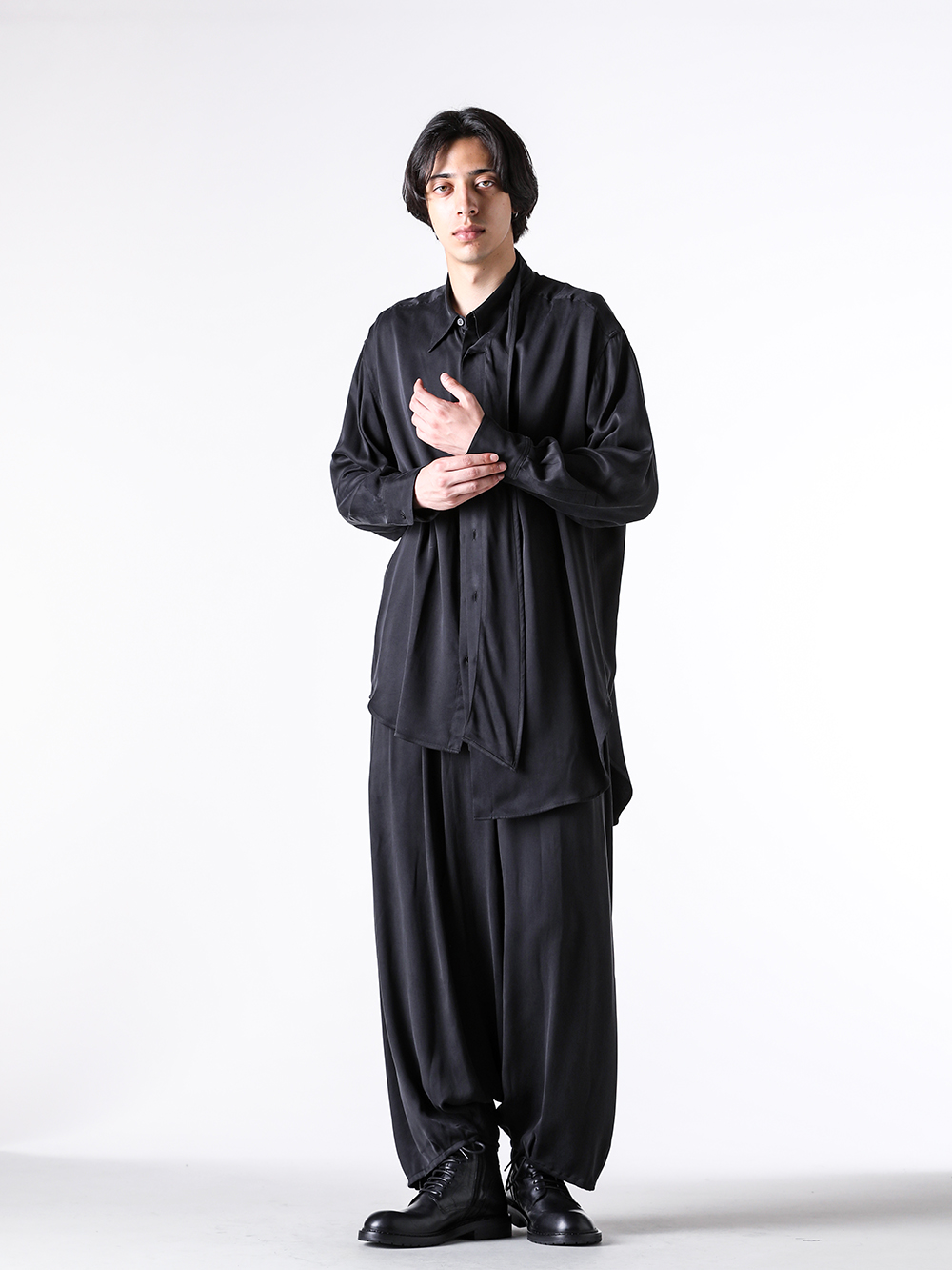 sulvam - 25AW  - Shirt - WW-B02-050 Stole Double Shirt （Black） 2-0012