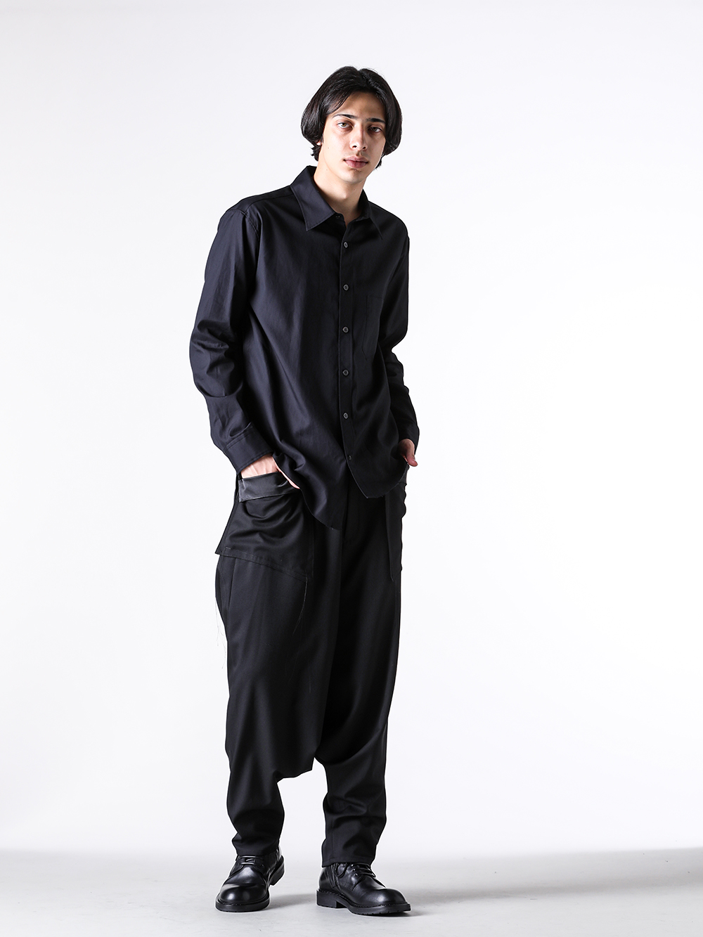 sulvam - 25AW  - Shirt - MW-B01-001 Pedicel Collar Asymmetrical Shirt （Black） 2-009