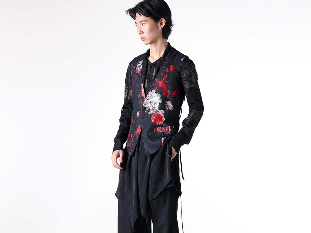 kiryuyrik - 25SS Styling - Stole-Style Front Shirt Paired with a Lace-Up Vest in a Palette of Jet Black and Vivid Crimson - Lace Up Vest (KT-HV14-901) - Stoal Shirt (KT-22SSHB21-903) 1-001