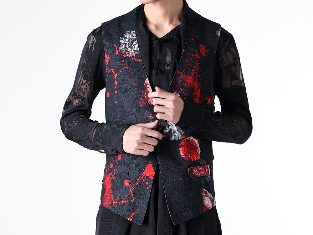 kiryuyrik - 25SS Styling - Stole-Style Front Shirt Paired with a Lace-Up Vest in a Palette of Jet Black and Vivid Crimson - Lace Up Vest (KT-HV14-901) - Stoal Shirt (KT-22SSHB21-903) 1-002