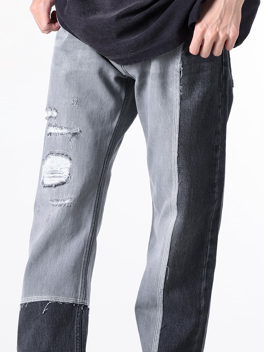 KAMIYA - 25SS - Denim Pants Combining Damage Work with Precisely Calculated Paneling - 16104BK_CL - Asymmetrical Straight Denim Pants (Black) 2-002