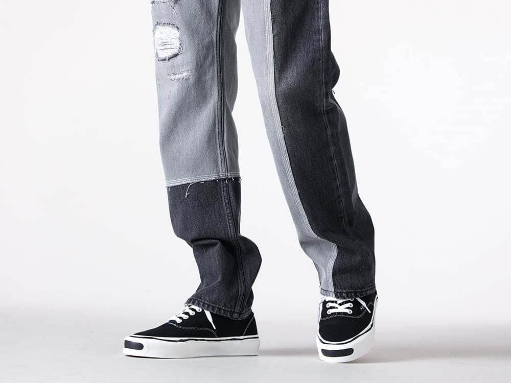 KAMIYA - 25SS - Denim Pants Combining Damage Work with Precisely Calculated Paneling - 16104BK_CL - Asymmetrical Straight Denim Pants (Black) - G11FW701 - Herc Vulcanized Sneaker (BLACK) 2-003