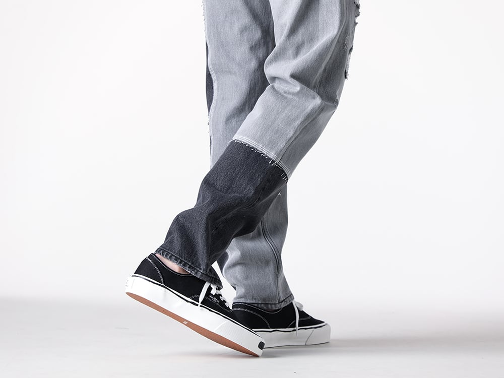 KAMIYA - 25SS - Denim Pants Combining Damage Work with Precisely Calculated Paneling - 16104BK_CL - Asymmetrical Straight Denim Pants (Black) - G11FW701 - Herc Vulcanized Sneaker (BLACK) 2-004