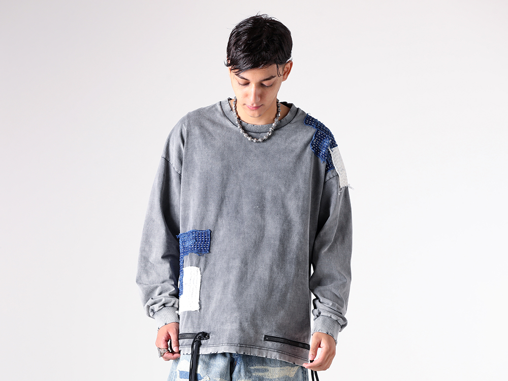 D.HYGEN – 25SS – Sweatshirt with Repair Patches and Fading Effect - Damage Patch Zip Open High Gauge Long Sleeve T-Shirt (ST101-0625S) - Flower element Choker (NI-N-02-M) - SOURCE Ring (NI-R-20) 1-001