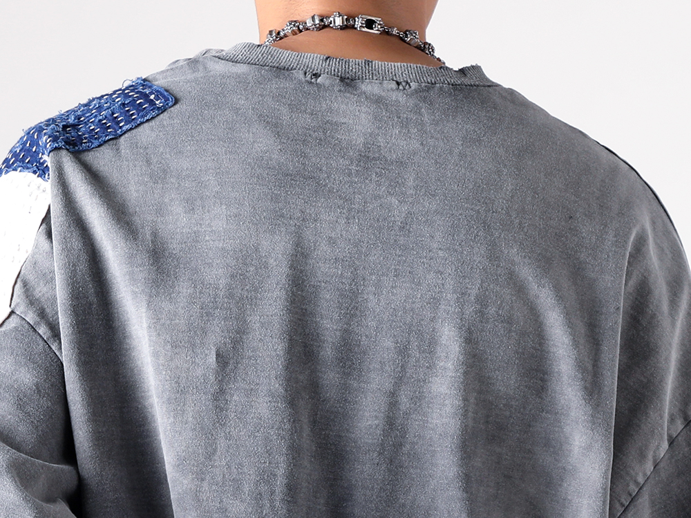 D.HYGEN – 25SS – Sweatshirt with Repair Patches and Fading Effect - Damage Patch Zip Open High Gauge Long Sleeve T-Shirt (ST101-0625S) - Flower element Choker (NI-N-02-M) - SOURCE Ring (NI-R-20) 1-005