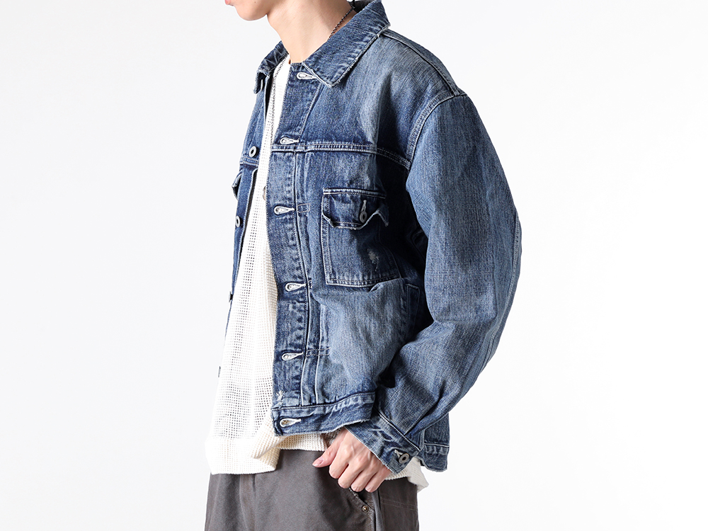 FDMTL - 25SS - Denim Jacket Combining Historic G‑Jean Designs - DENIM JACKET 3YR WASH (FA25/JK13U) - BASIC MESH TEE (O19TS5) - necklace four rings (M3731) - Ring (SM2UQ0031) 1-003