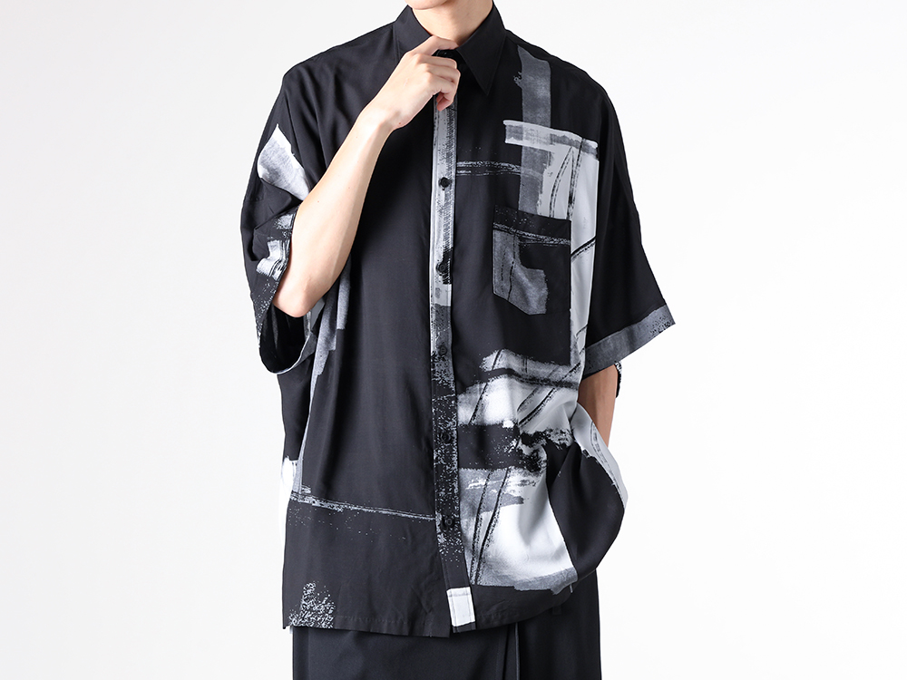 GroundY - 25-26AW  - Shirt - Front Dolman Big Shirt Short Sleeve （BLK×GRY） - GL-B11-201 2-003