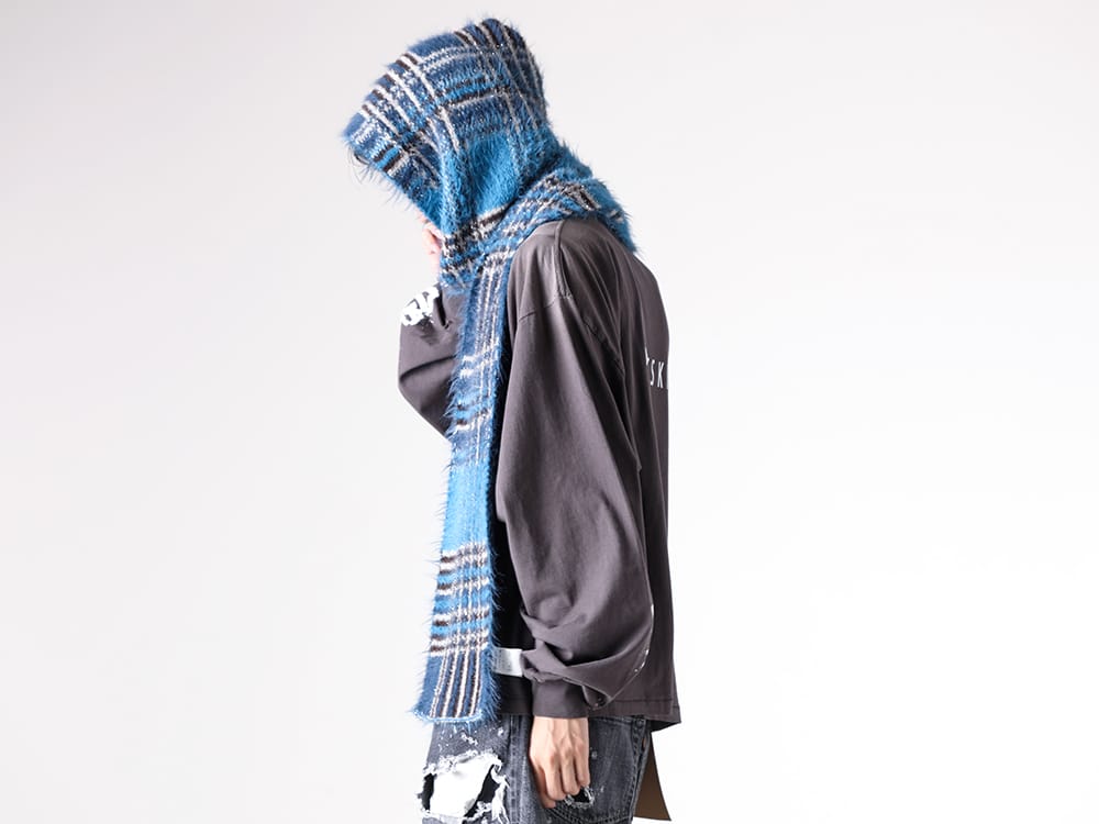 SEVESKIG- Lustre Check Knit Long Scarf Hoodie - BEIGE styling images 7