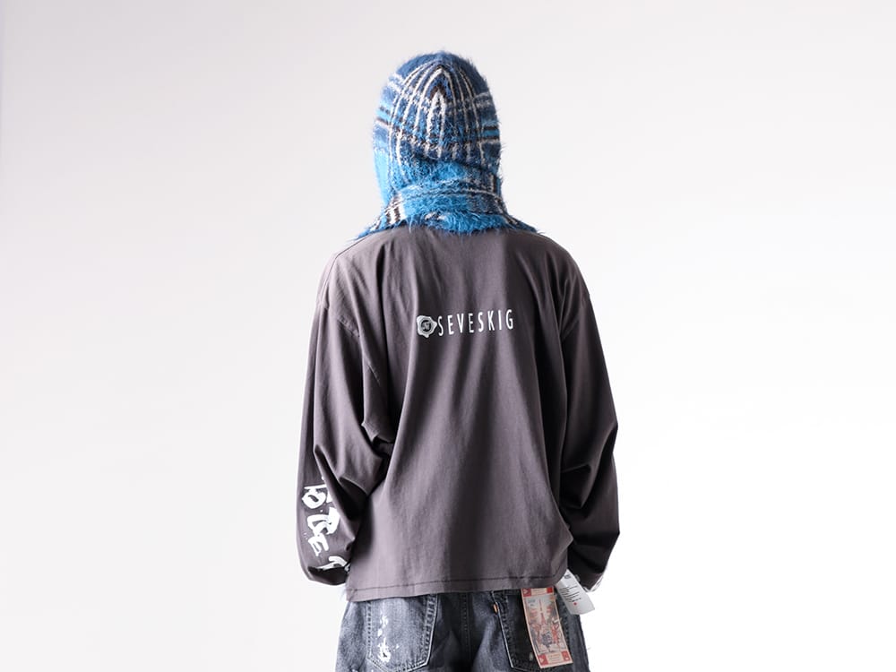 SEVESKIG- Lustre Check Knit Long Scarf Hoodie - BEIGE styling images 8