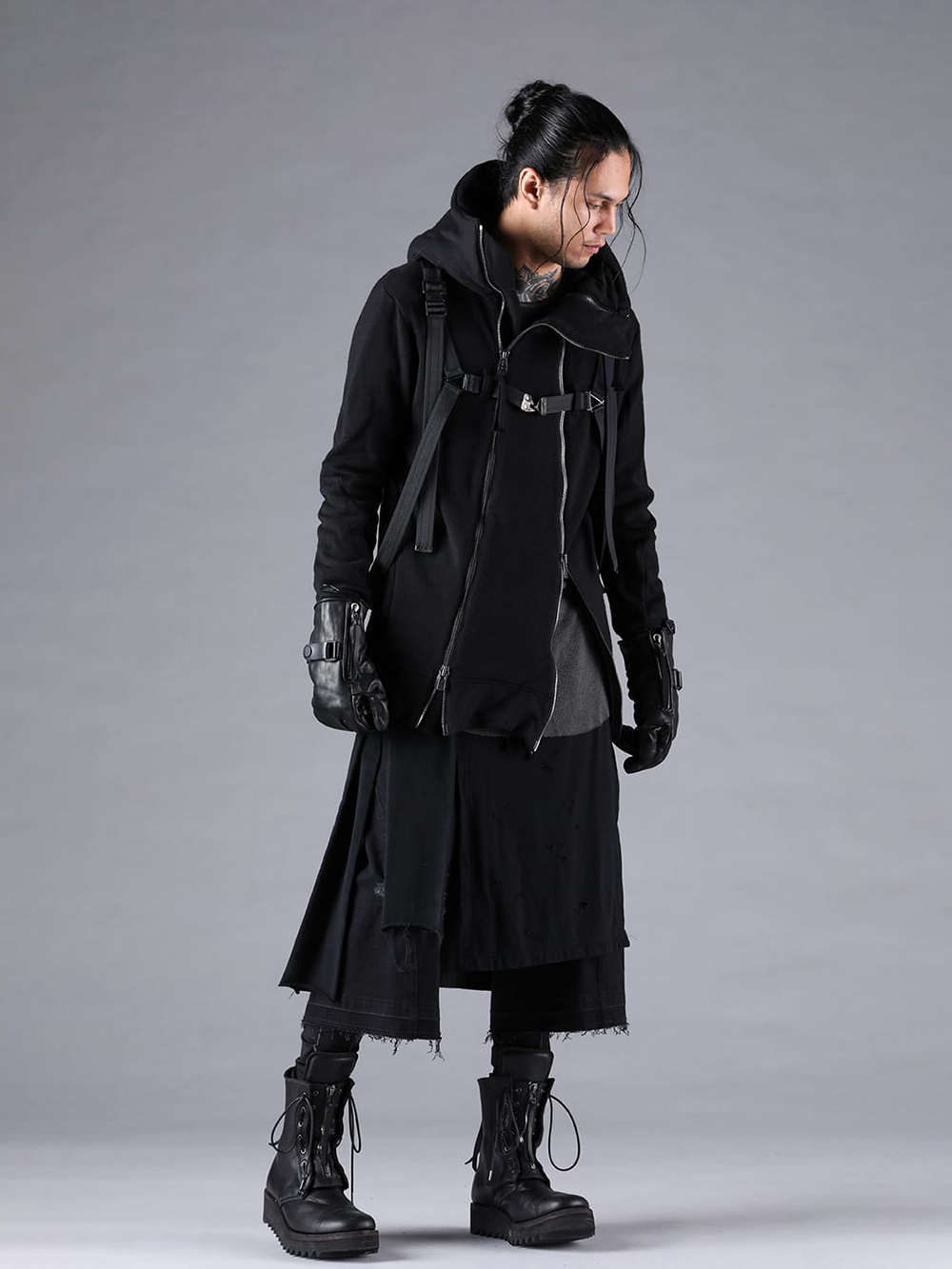 D.HYGEN - 25-26AW - Pants - Stretch Denim Damage Apron Wide Cropped Pants （Black） - ST107-1425A 5-003