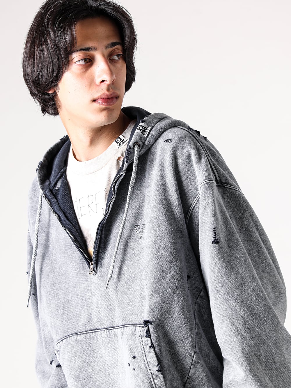 Maison MIHARA YASUHIRO - 25AW styling - Half-Zip Hoodie with Bleach Processing for an Aged Look - A15HD565 - Bleached Half Zip Hoodie - J15LT751 - Embellished Distressed Long Sleeves Tee 1-004