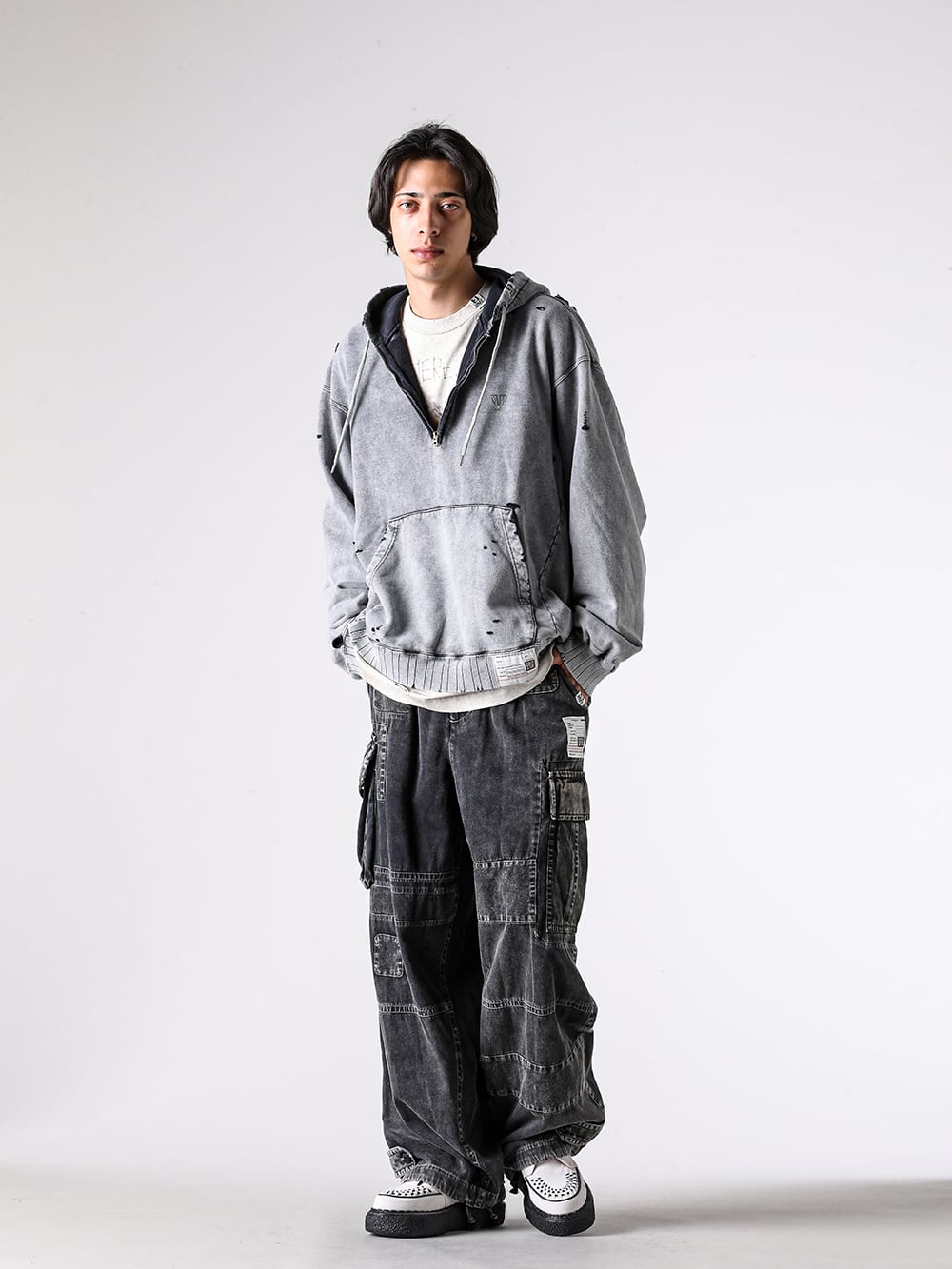 Maison MIHARA YASUHIRO - 25AW - Complete outfit photos - A15HD565 - Bleached Half Zip Hoodie - J15LT751 - Embellished Distressed Long Sleeves Tee - J15PT173 - Repair Cargo Trousers - S14FW710 - THAMES / Suede Interlace Shoes 3-001