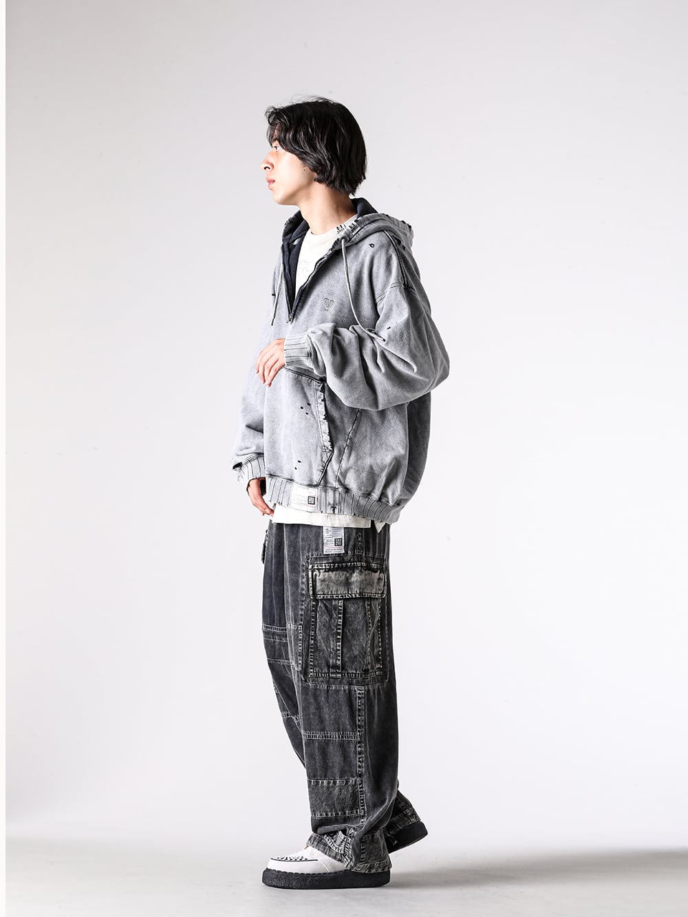 Maison MIHARA YASUHIRO - 25AW - Complete outfit photos - A15HD565 - Bleached Half Zip Hoodie - J15LT751 - Embellished Distressed Long Sleeves Tee - J15PT173 - Repair Cargo Trousers - S14FW710 - THAMES / Suede Interlace Shoes 3-002