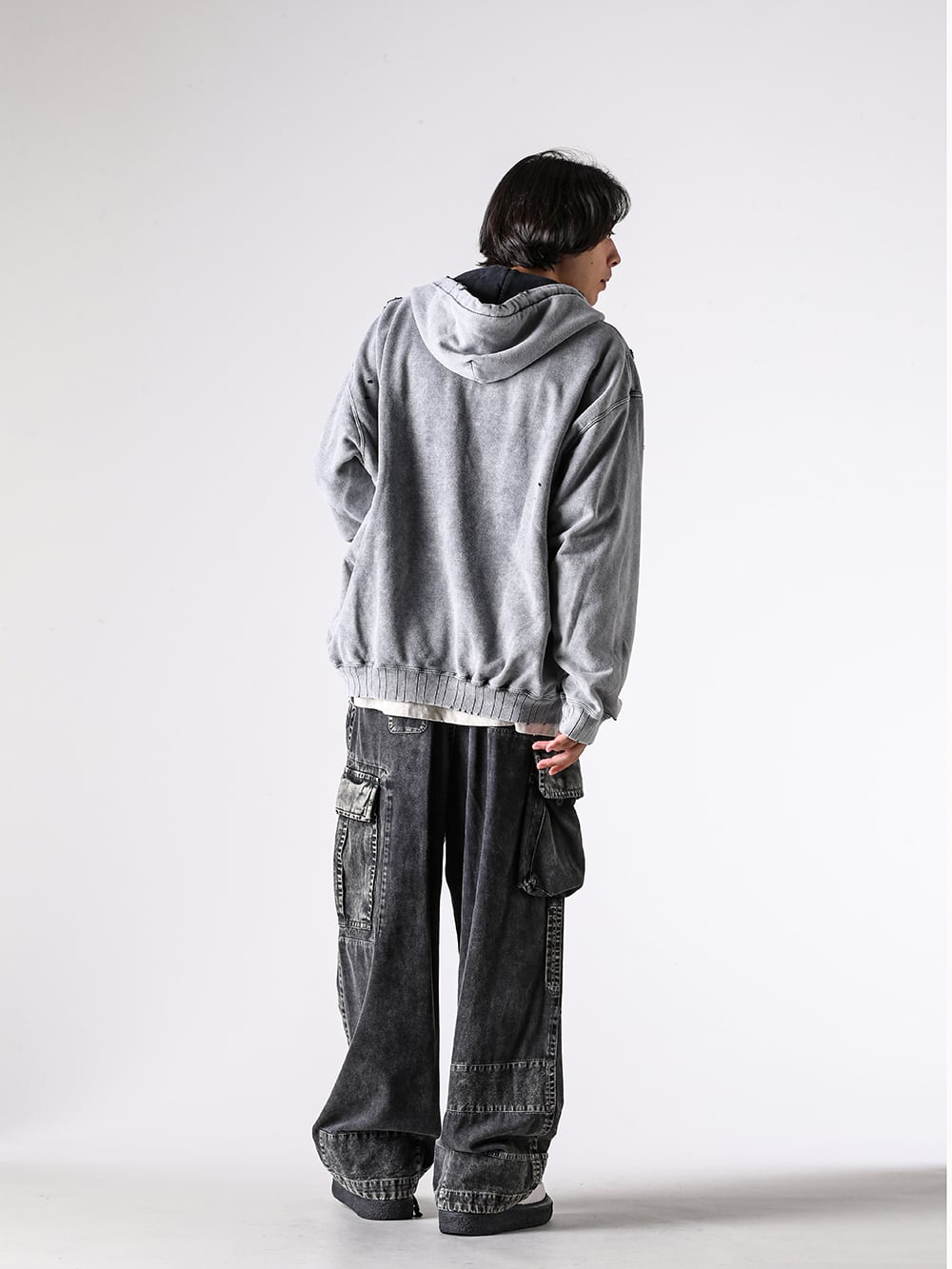 Maison MIHARA YASUHIRO - 25AW - Complete outfit photos - A15HD565 - Bleached Half Zip Hoodie - J15LT751 - Embellished Distressed Long Sleeves Tee - J15PT173 - Repair Cargo Trousers - S14FW710 - THAMES / Suede Interlace Shoes 3-003